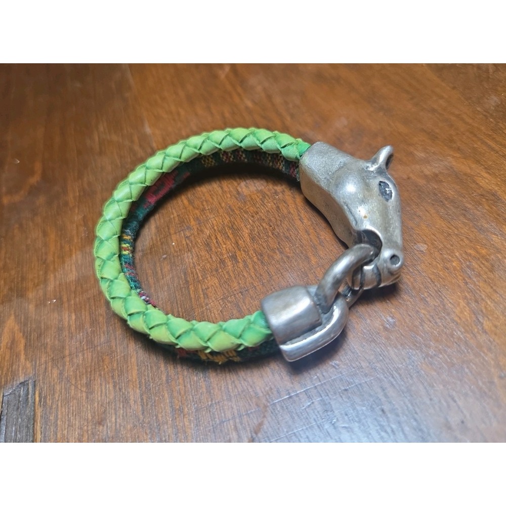 Braided Leather Horse Braclett Silver Plated Zamak Clasp Ethnic Fabric Cord